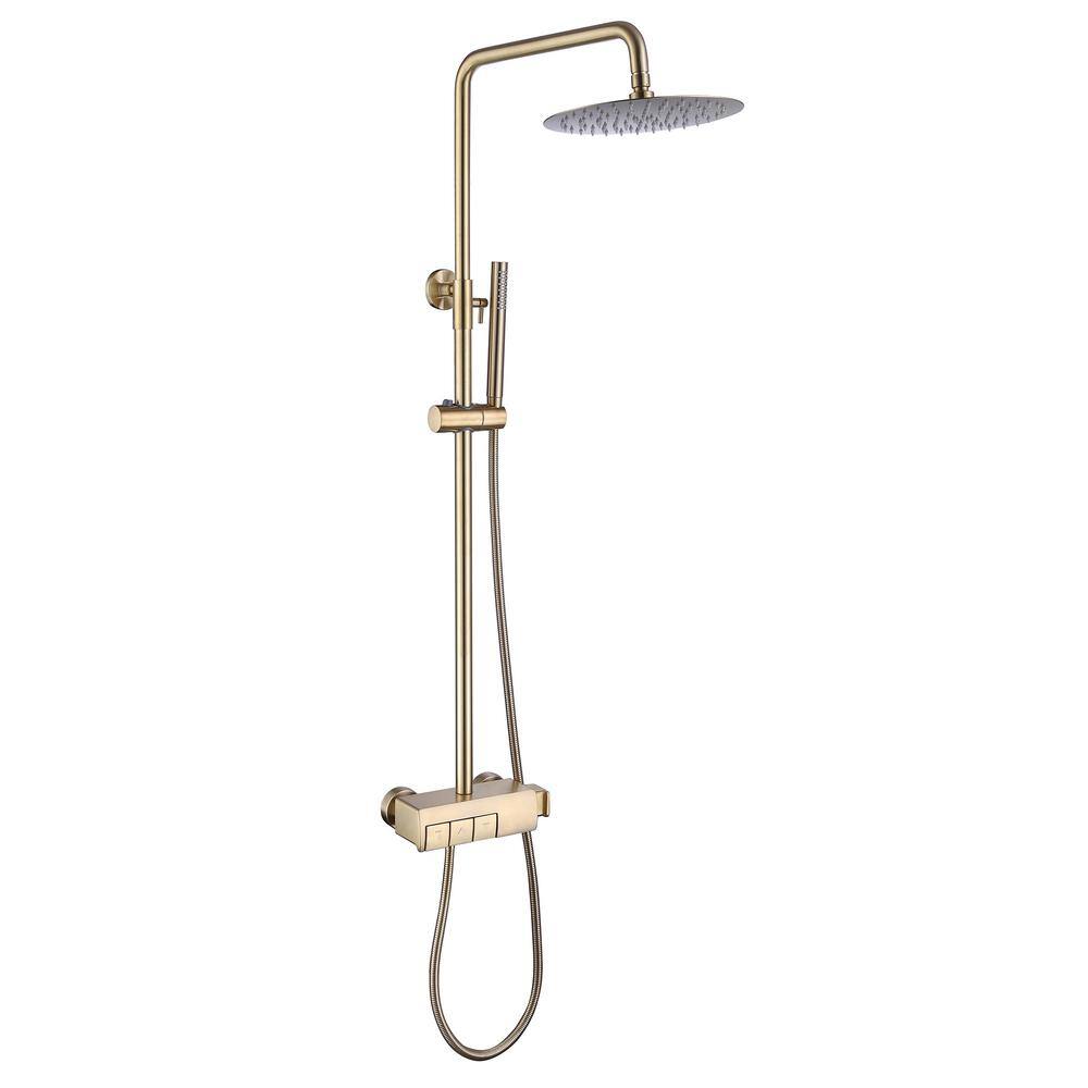 Flynama 2-Spray Multifunction Deluxe Wall Bar Shower Kit with Hand Shower in Brushed Gold RB-RB1035