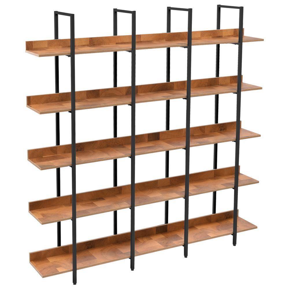 aisword Vintage Industrial 5 Tier Ladder Bookcase Open Bookshelf MDF Board Black Metal Frame - Black Frame Brown Board WF30093PBH5AAB