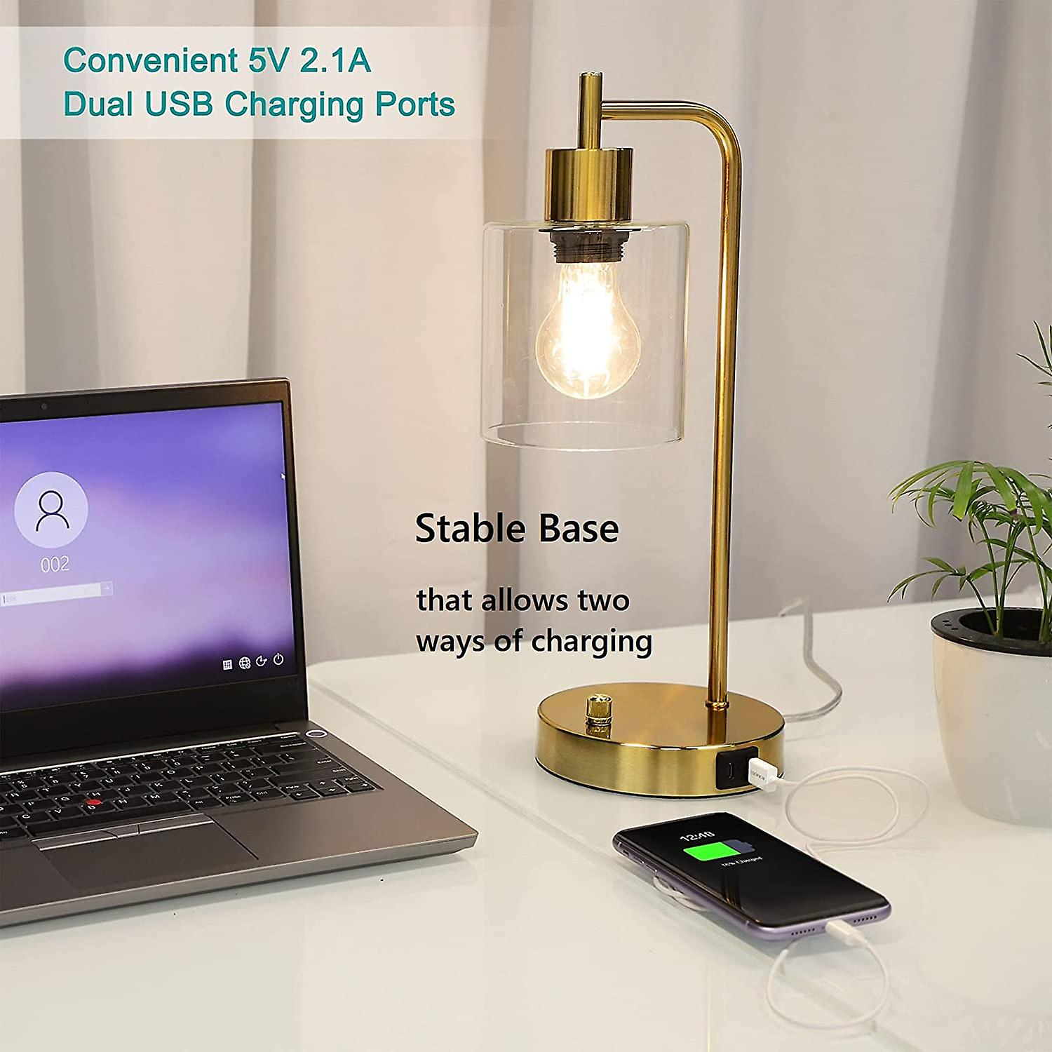 Gold Industrial Table Lamp With 2 Usb Ports， Elizabeth Vintage Desk Lamp， 3-way Dimmable Bedside Reading Lamp With Glass Shade For Bedroom Living Room