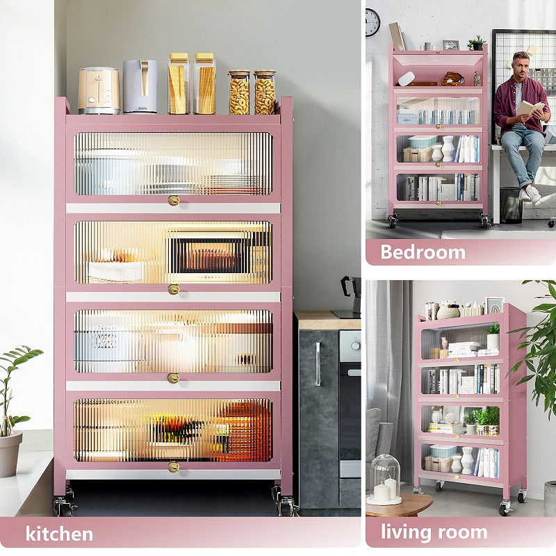 56.2 Tall Kitchen Storage Cabinet， 5 Tier Pantry Cabinet， 4 Door Accent Cabinet， Pink