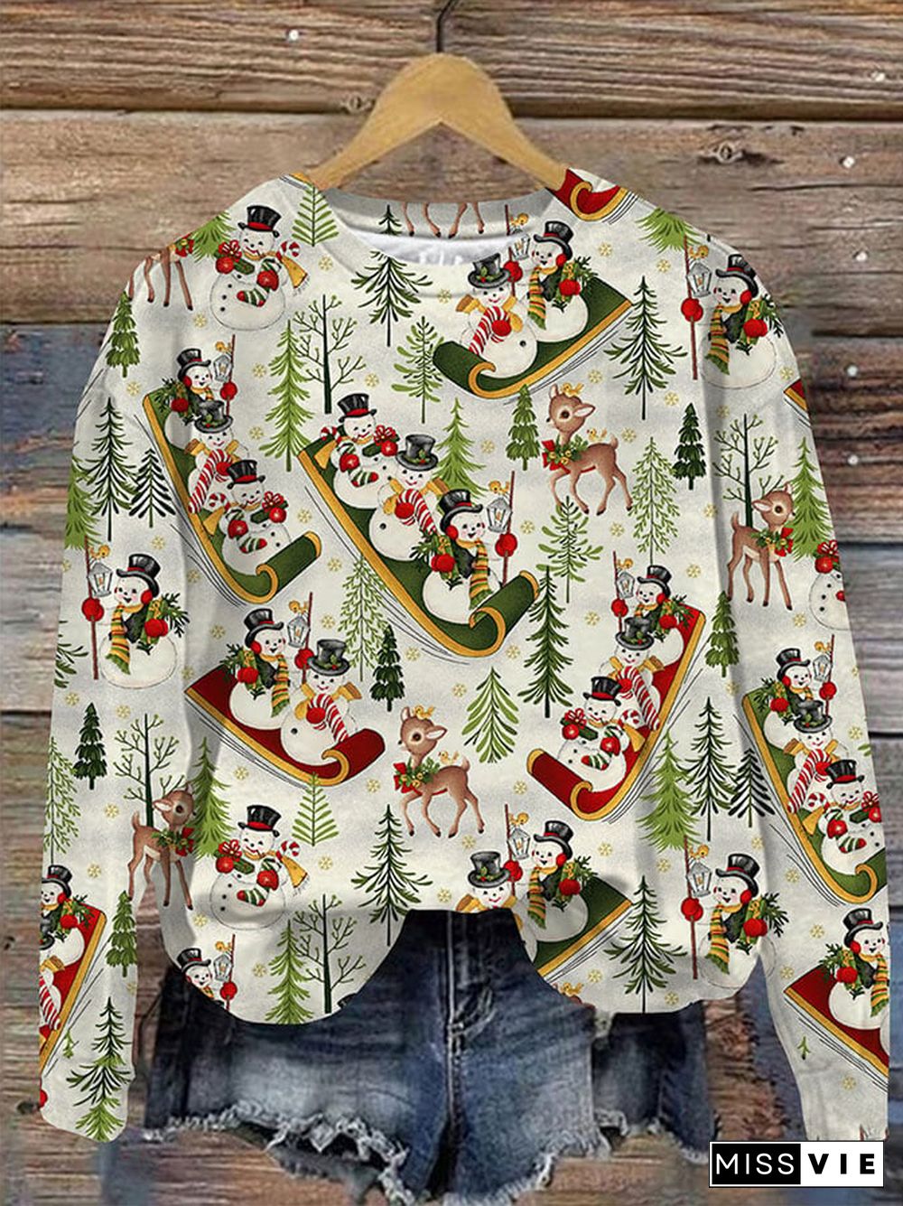 Women'S Casual Christmas Snowman Deer Printed Long Sleeve Sweatshirt