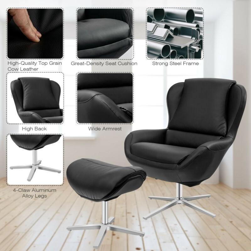 360 Swivel Leather Lounge Chair with Ottoman