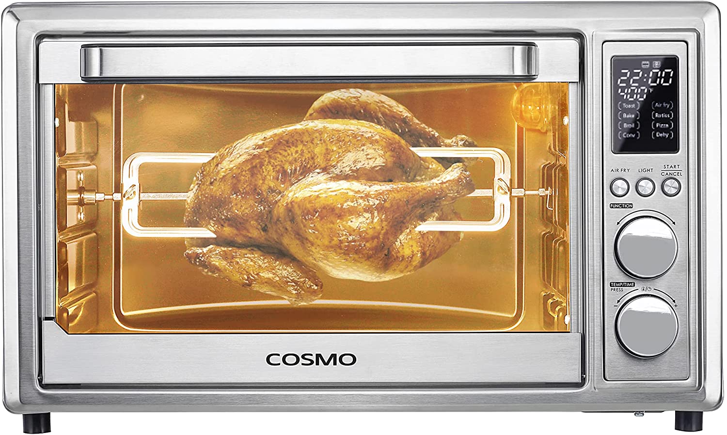 Cosmo Air Fryer Toaster Oven COS-317AFOSS 32 Quart Compact Electric with LED Display, Air Fry Basket, Rotisserie Fork, 1800W in Stainless Steel