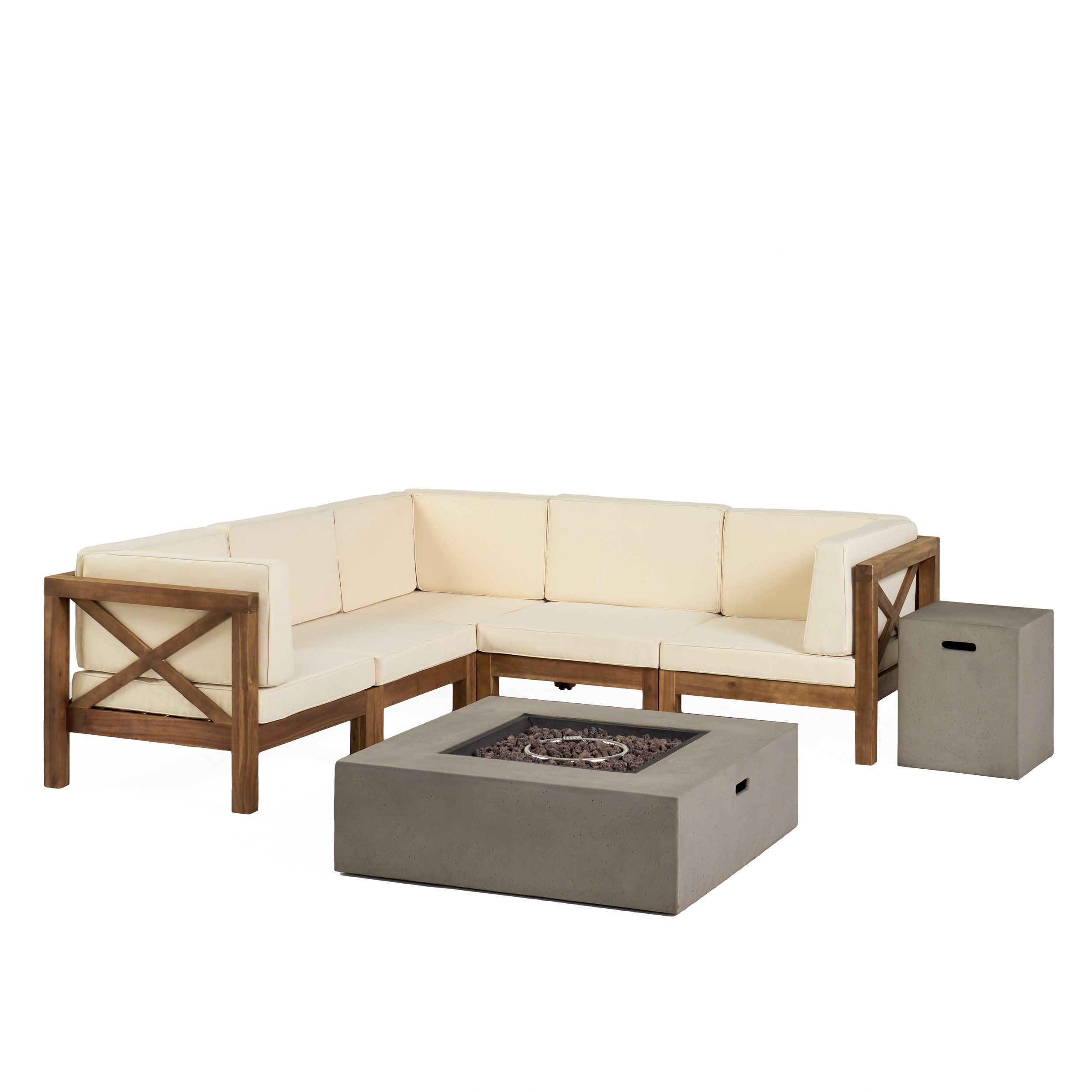 Cynthia Outdoor Acacia Wood 5 Seater Sectional Sofa Set with Fire Pit