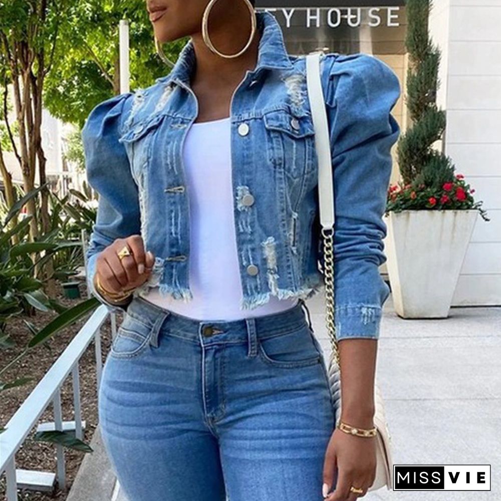 Women Ripped Denim Jackets Vintage Casual Short Jean Jacket Puff Sleeve Female Coat Streetwear