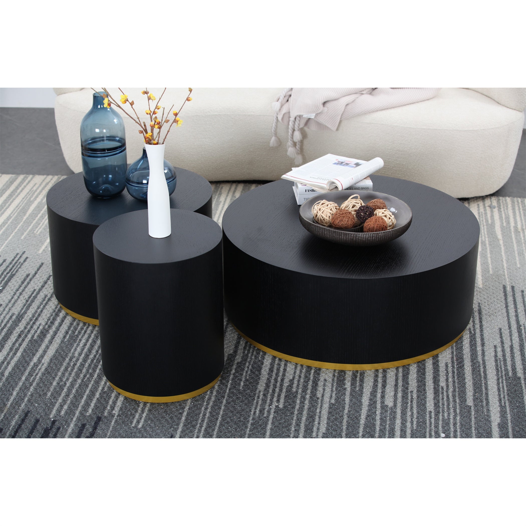 Set of 3 Round Coffee Table Drum Fully Assembled