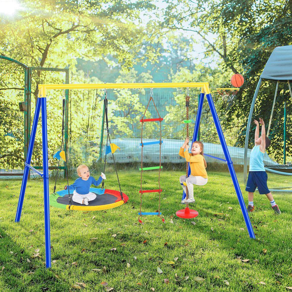 TIRAMISUBEST 4 in 1 Outdoor Swing Set with Climbing Ladder and Basketball Hoop for Kids MSXY296182AAA