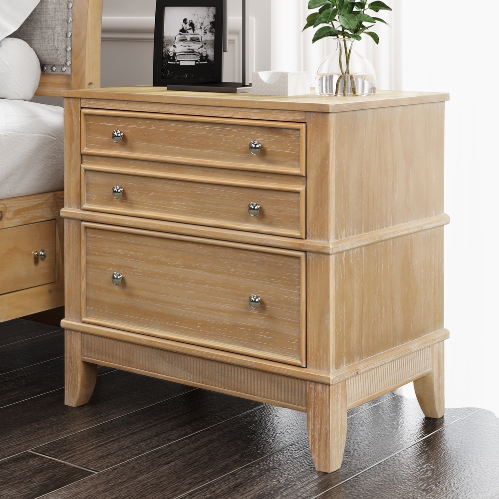 Hazel Bedroom 3 Drawer Nightstand with Natural Finish Solid Pine Wood