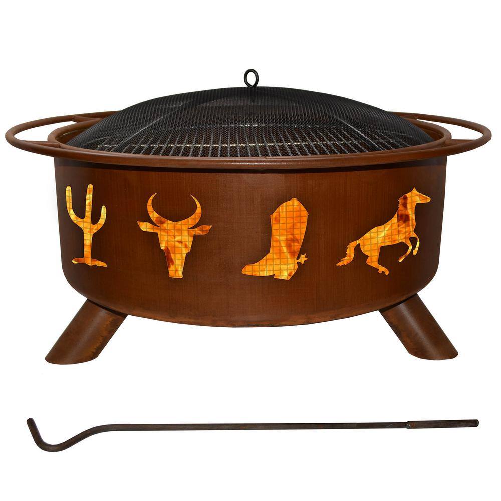 Western Cowboy 29 in. x 18 in. Round Steel Wood Burning Fire Pit in Rust with Grill Poker Spark Screen and Cover F109