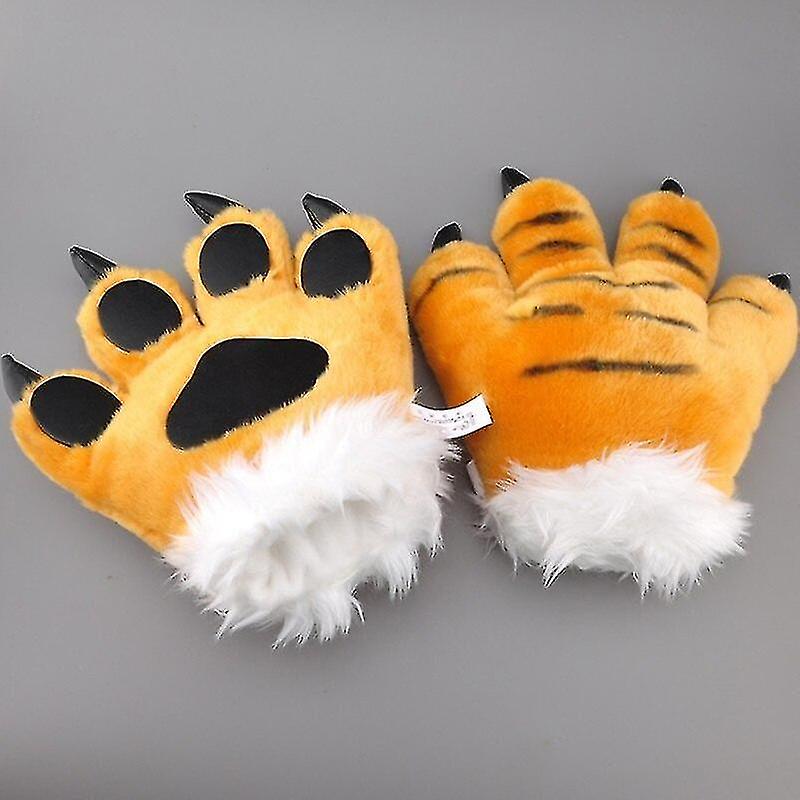 Simulation Tiger Paw Plush Gloves Striped Fluffy Animal Stuffed Toys Padded Hand Warmer Cosplay Costume Mitten