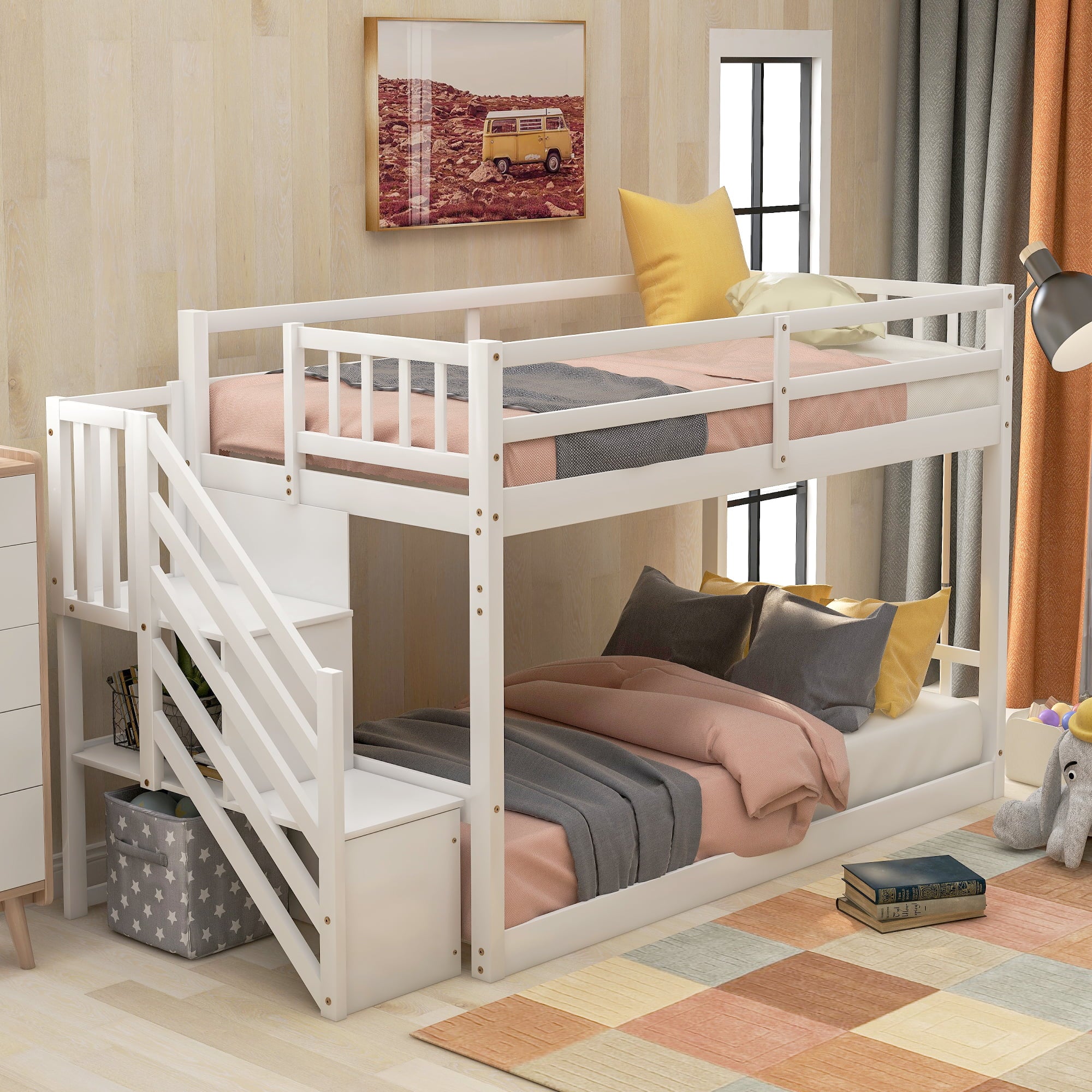 Euroco Wood Twin over Twin Floor Bunk Bed with Stairs for Kids Room, White