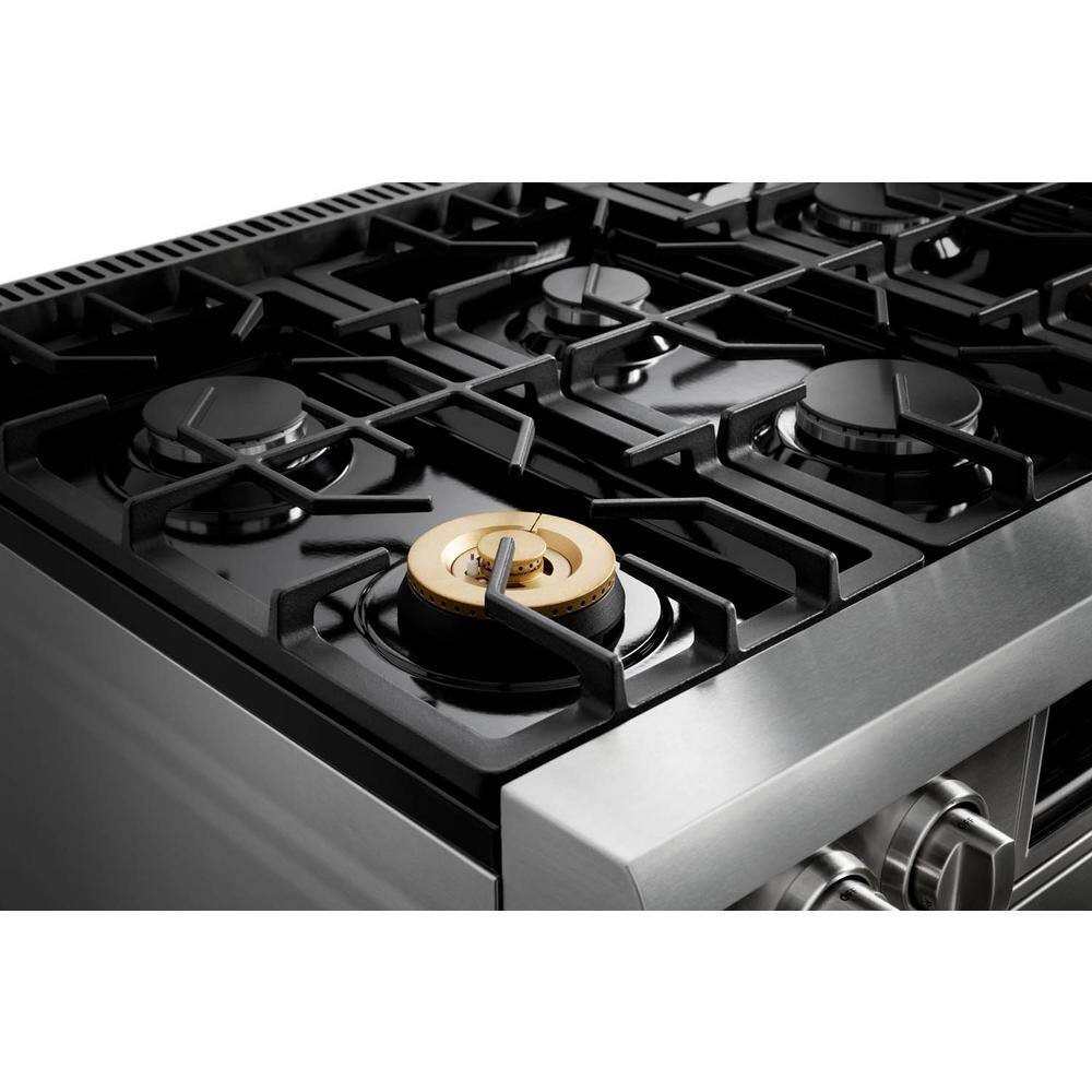 Thor Kitchen Tilt Panel 36-in 6 Burners Freestanding Gas Range with self-cleaning and air fry convection oven in. Stainless Steel TRG3601