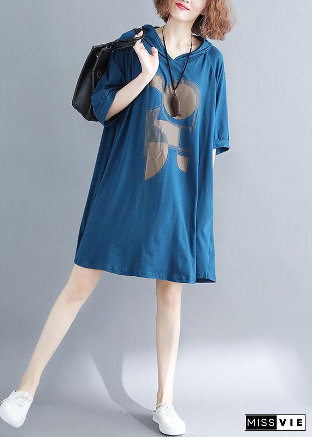 Plus Size Blue Hooded Print Cotton Sweatshirt Dress Summer