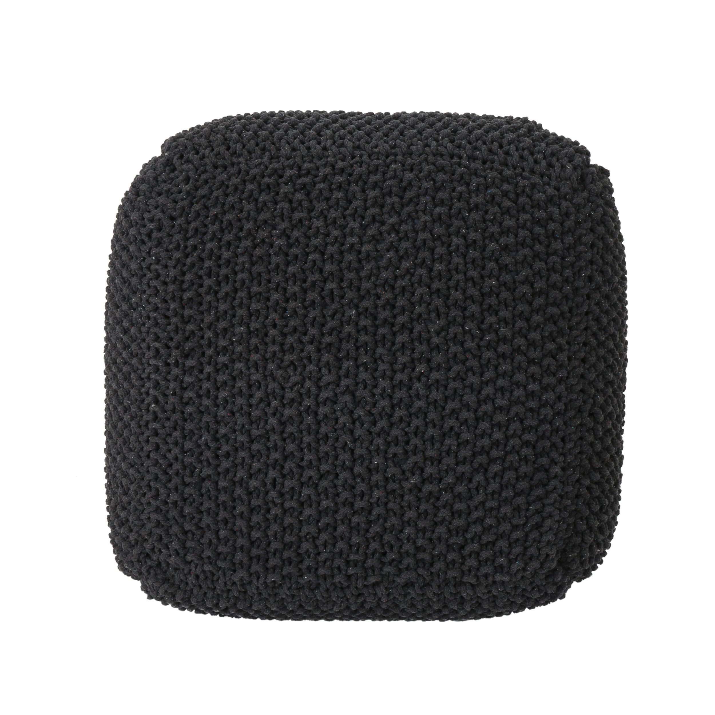 Joyce Knitted Cotton Square Pouf, Dark Grey