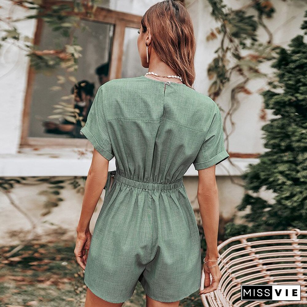 Chic Fashion Women Short Jumpsuit Dress Summer New V Neck Short Sleeve Solid Elastic Waist Lace-up Slim Women Mini Playsuit