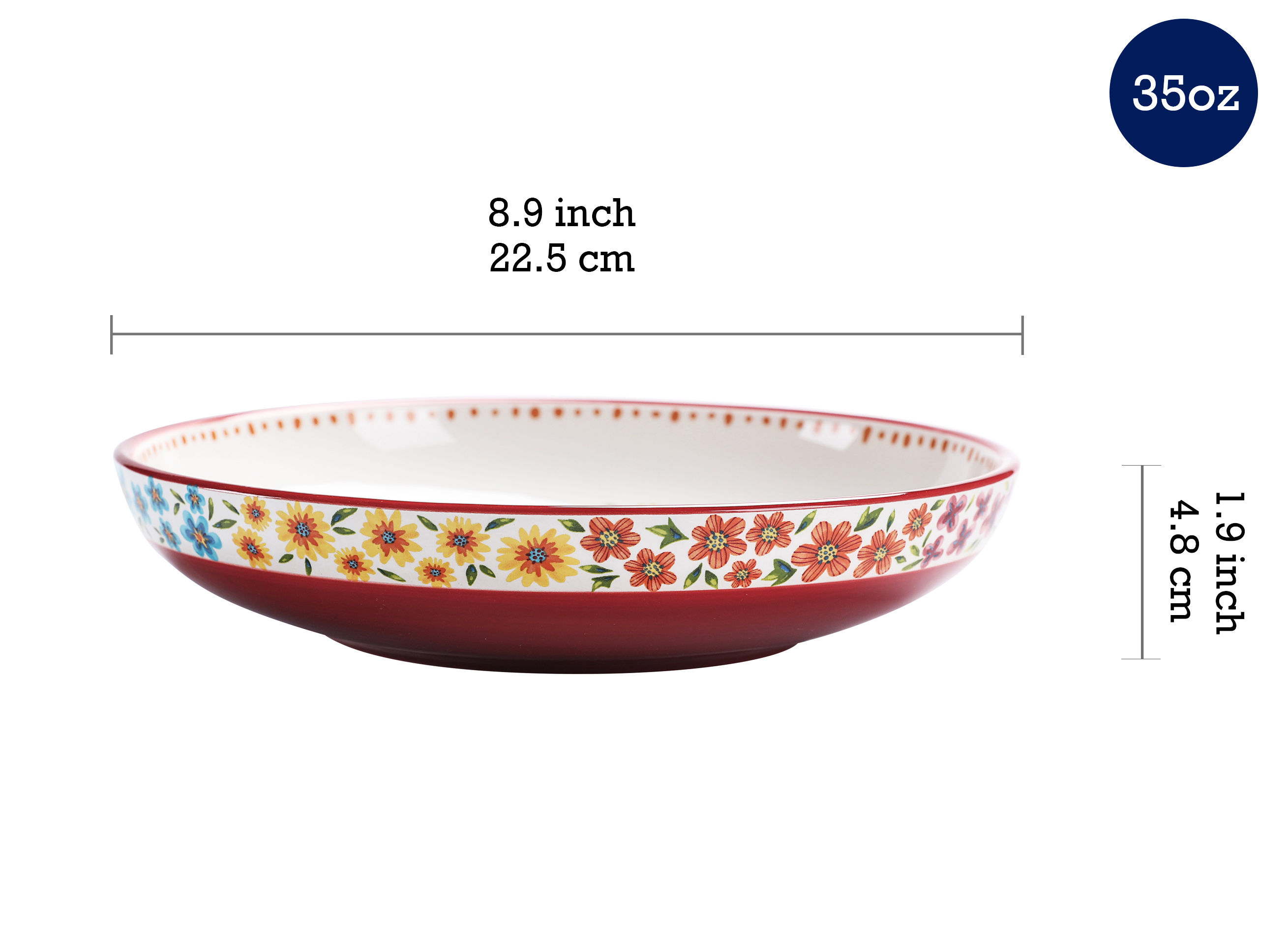 Bico Red Spring Bird Ceramic Pasta Bowl， Set of 5(1 unit 214oz， 4 units 35oz)， for Pasta， Salad， Microwave and Dishwasher Safe