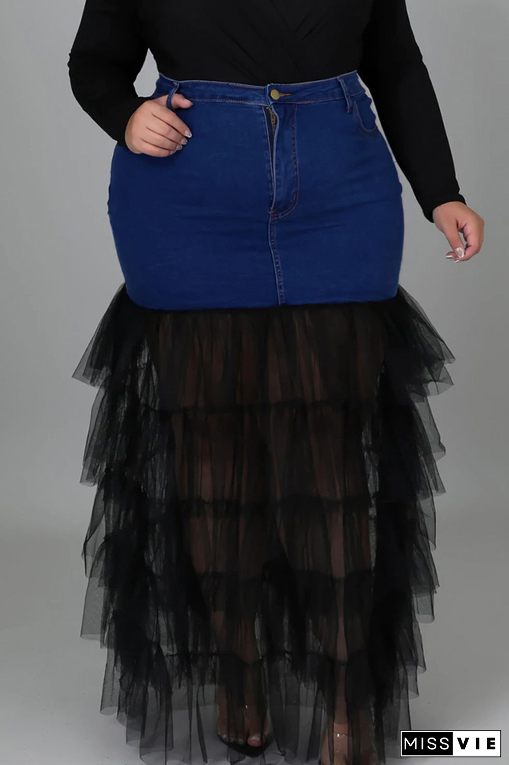 Deep Blue Fashion Solid Patchwork Flounce Plus Size(The Stitching On The Skirt Is Yellow)