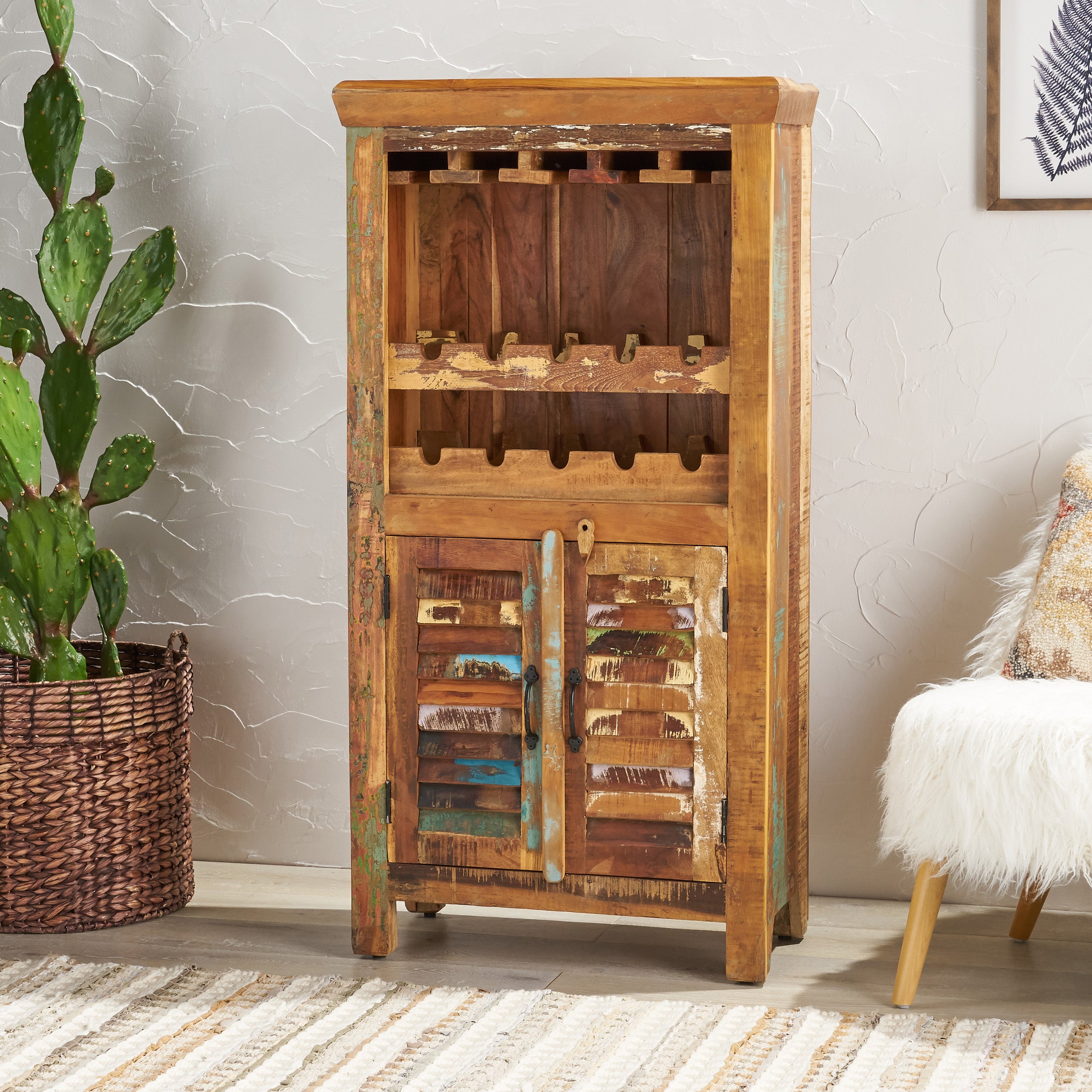 Sandy Shabby Reclaimed Wood Wine Rack Bar Cabinet