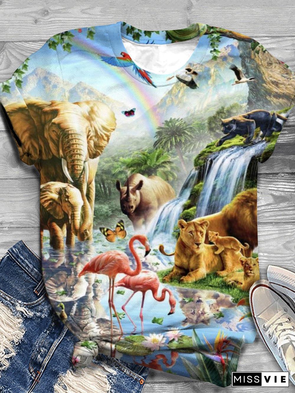 Animal Flamingo Tiger Elephant Crew Neck T-shirt