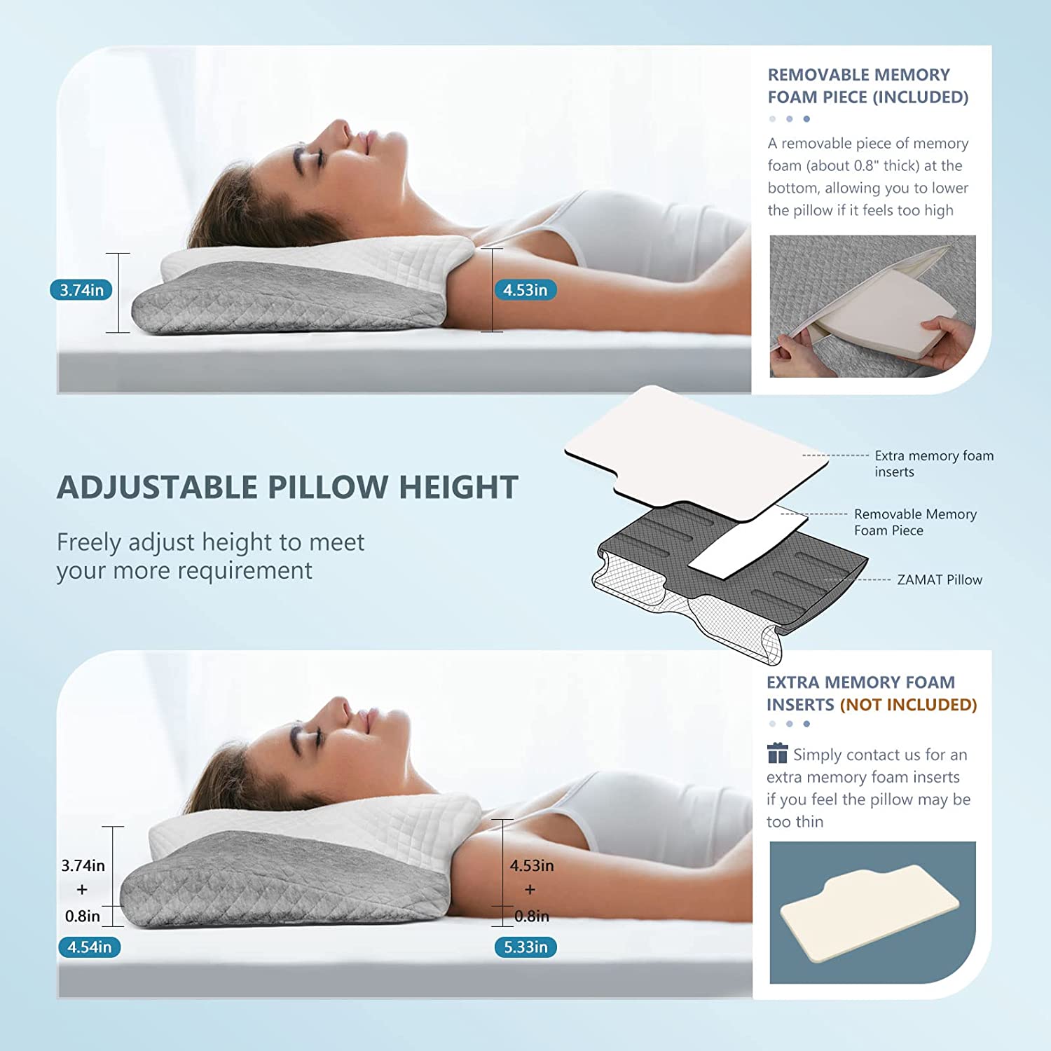 Adjustable Cervical Memory Foam Pillow, Odorless Neck Pillows for Pain Relief, Orthopedic Contour Pillows for Sleeping with Cooling Pillowcase, Bed Support Pillow for Side, Back, Stomach Sleeper