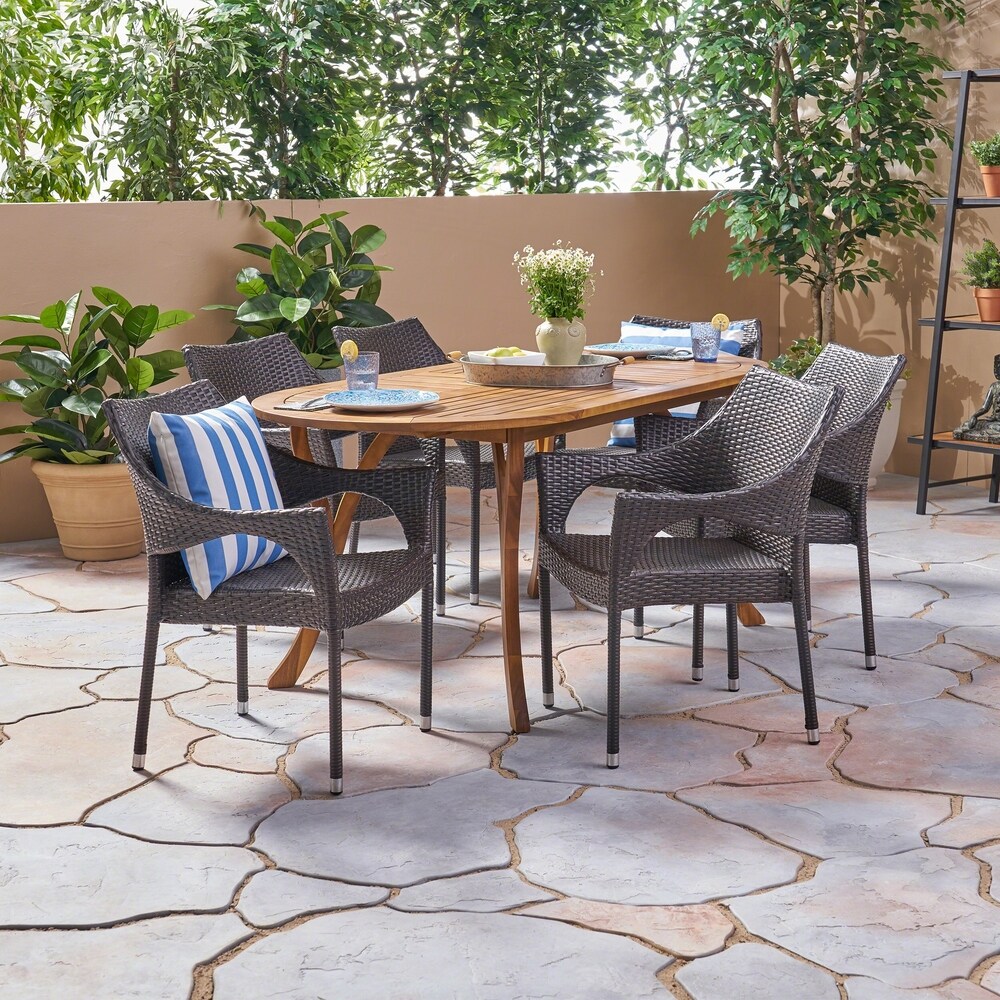 Silas Outdoor 7 Piece Acacia Wood and Wicker Dining Set by Christopher Knight Home