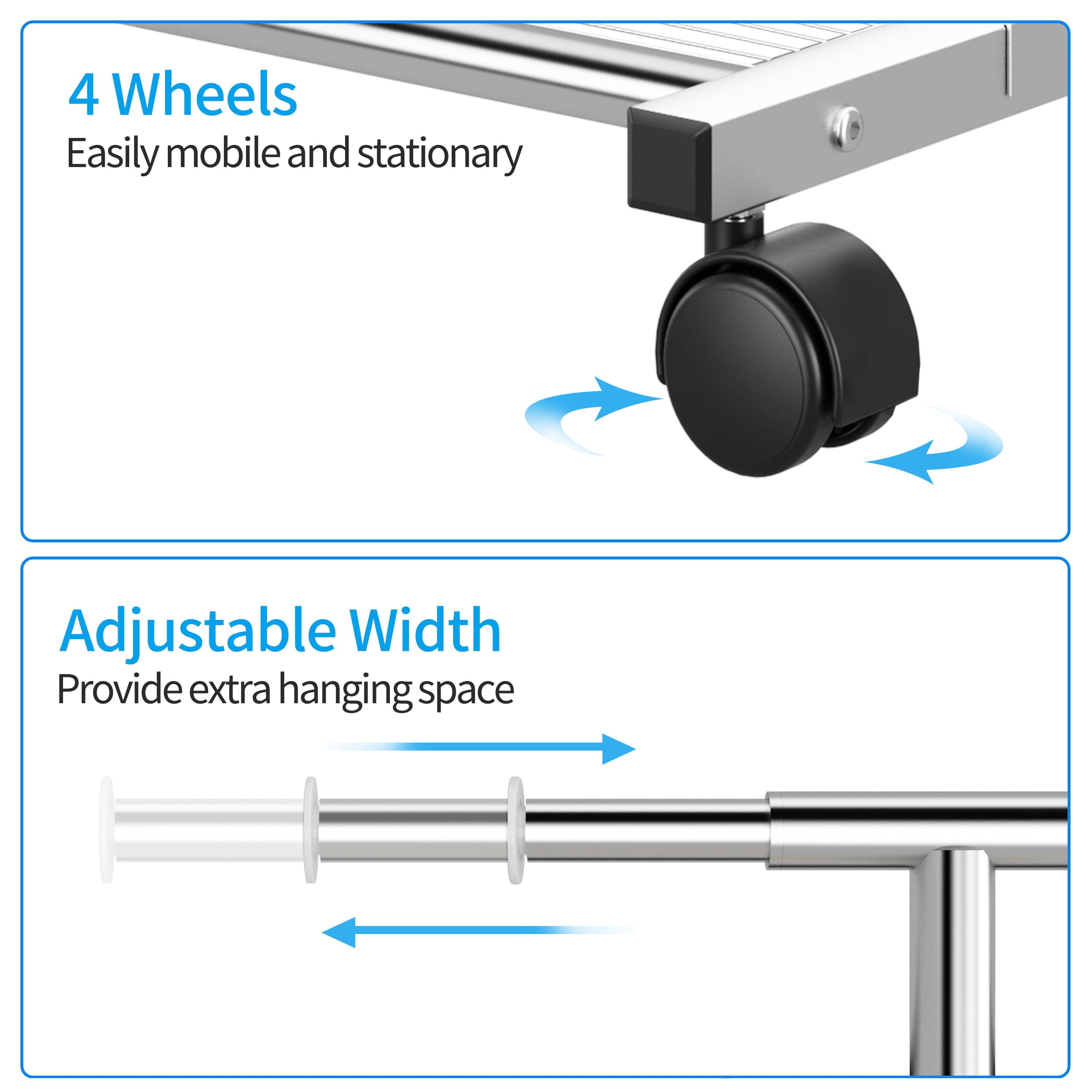 Simple Trending Clothing Garment Rack with Wheels and Bottom Shelves, Extendable, Chrome