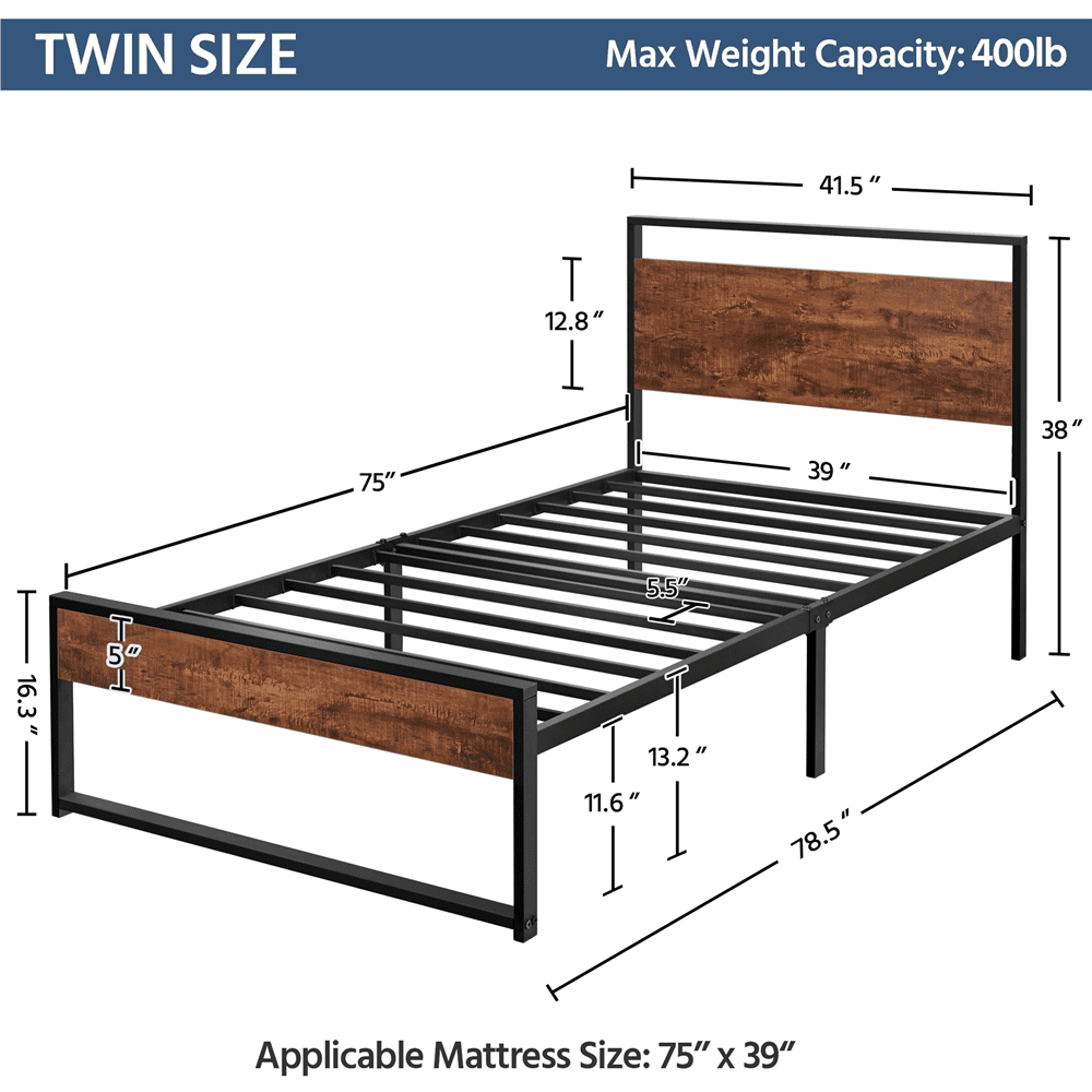 Yaheetech Rustic Metal Platform Bed with Wooden Headboard and Footboard, Twin Size, Mahogany