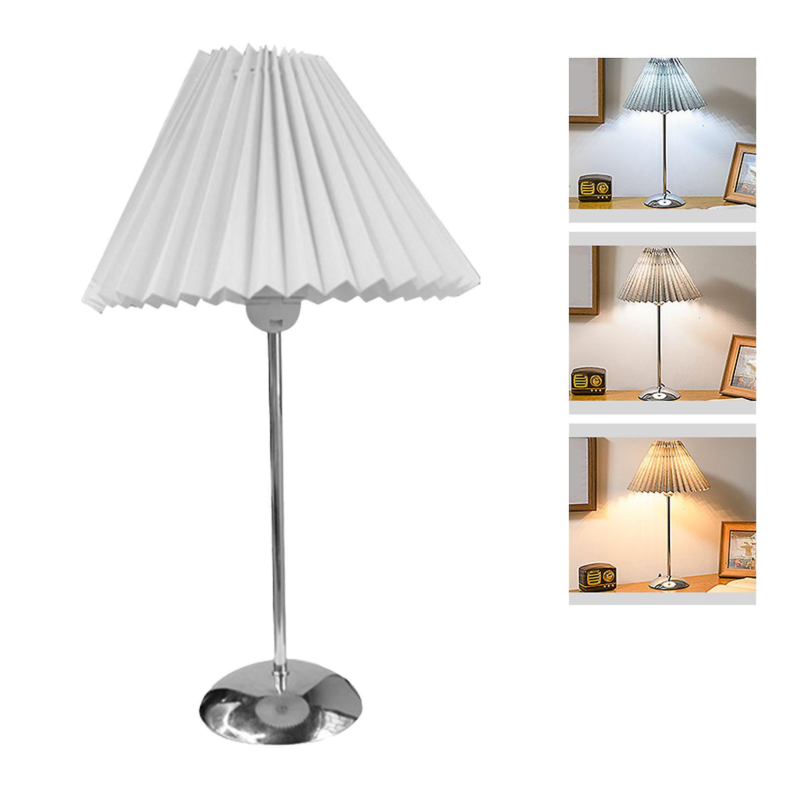 Table Lamp Metal Nightstand Bedside Lamp with Cloth Pleated Lampshade for Bedroom Living Room Three Color Dimming White