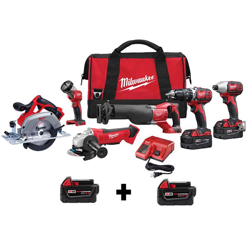 MW M18 18V Lithium-Ion Cordless Combo Tool Kit (6-Tool) w Two Additional 5.0 Ah Batteries 2696-26-48-11-1850-48-11-1850