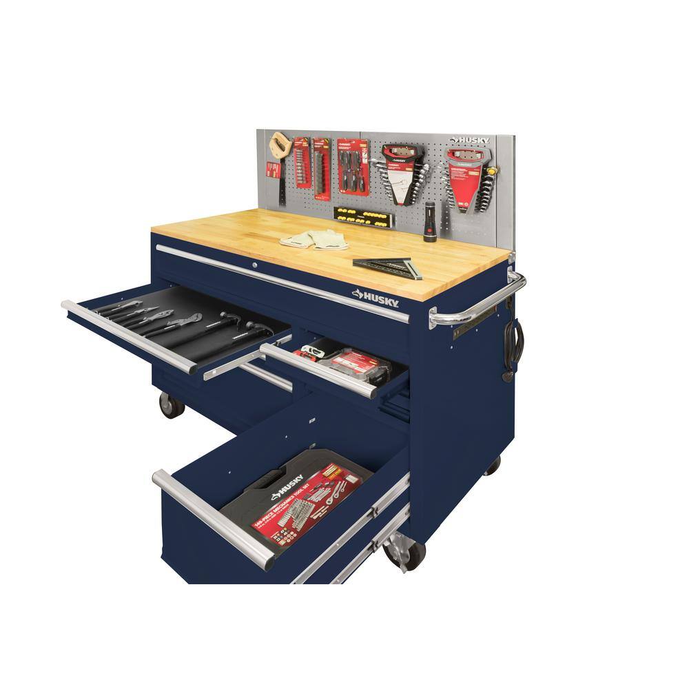 Husky 52 in. W x 24.5 in. D 9-Drawer Standard Duty Mobile Workbench with Solid Work Top and Pegboard in Gloss Blue HOTC5209B32M