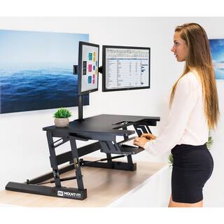 MOUNT-IT! 36.25 in. W Black Sit-Stand Desk Converter with Dual Monitor Mount MI-7934