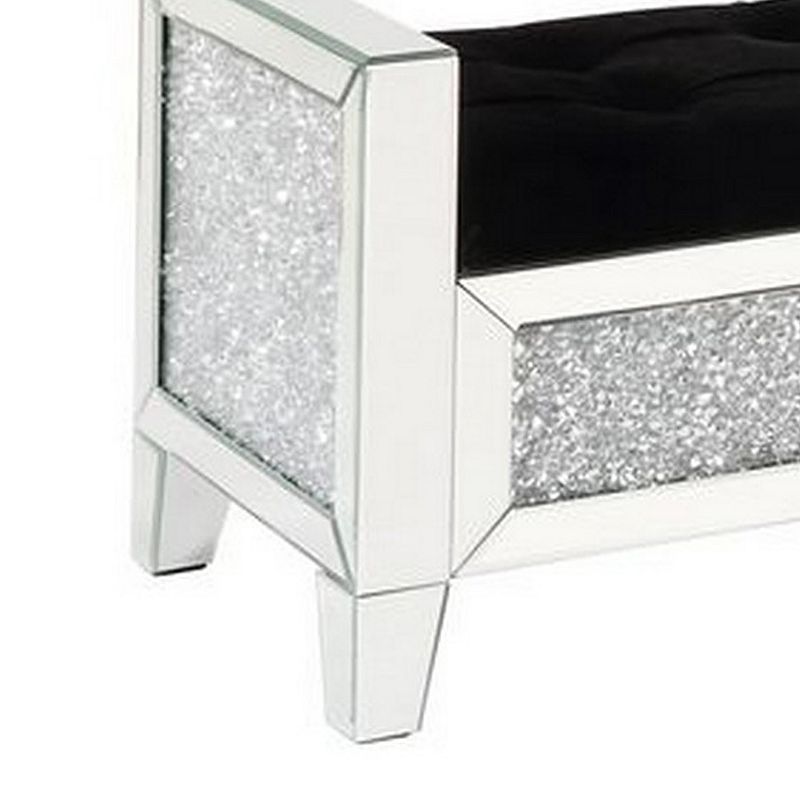 Mirrored Bench with Faux Diamonds and Button Tufted Seat， Silver