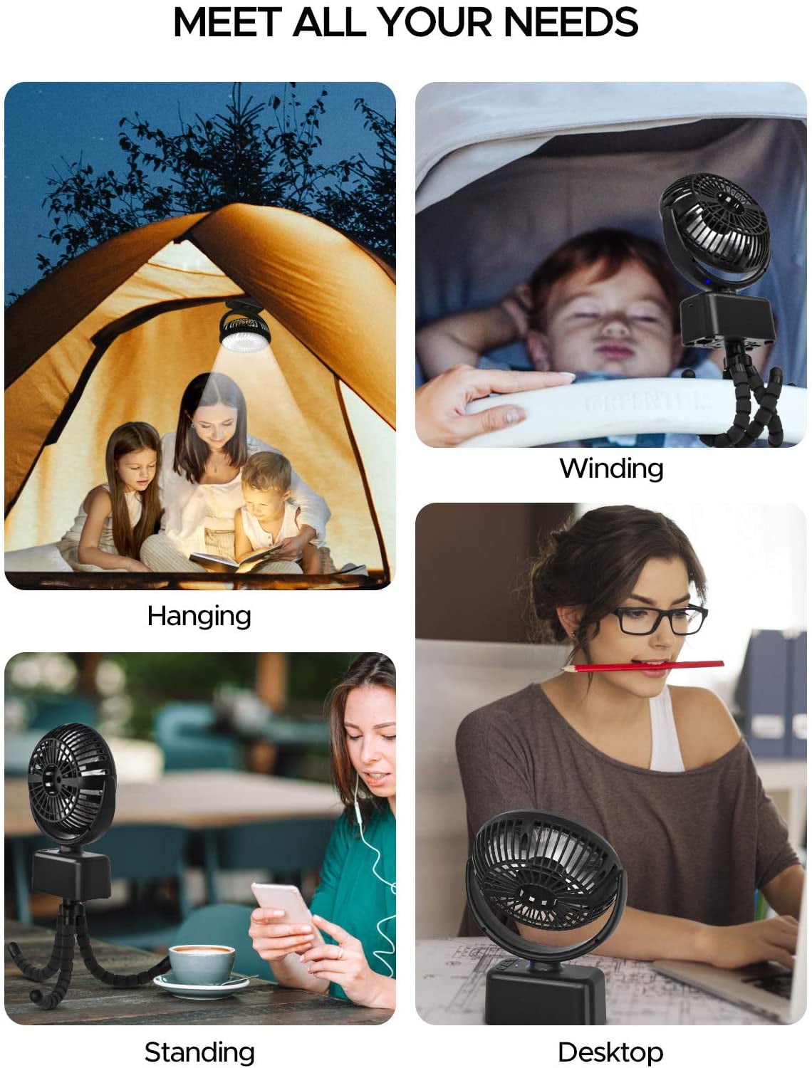 Baby Stroller Oscillating Fan with LED Light, 5000mAh Rechargeable Battery Operated Small Camping Tent Fan 3 Speed with Hidden Hook Detachable Flexible Tripod & Diffuser Holder