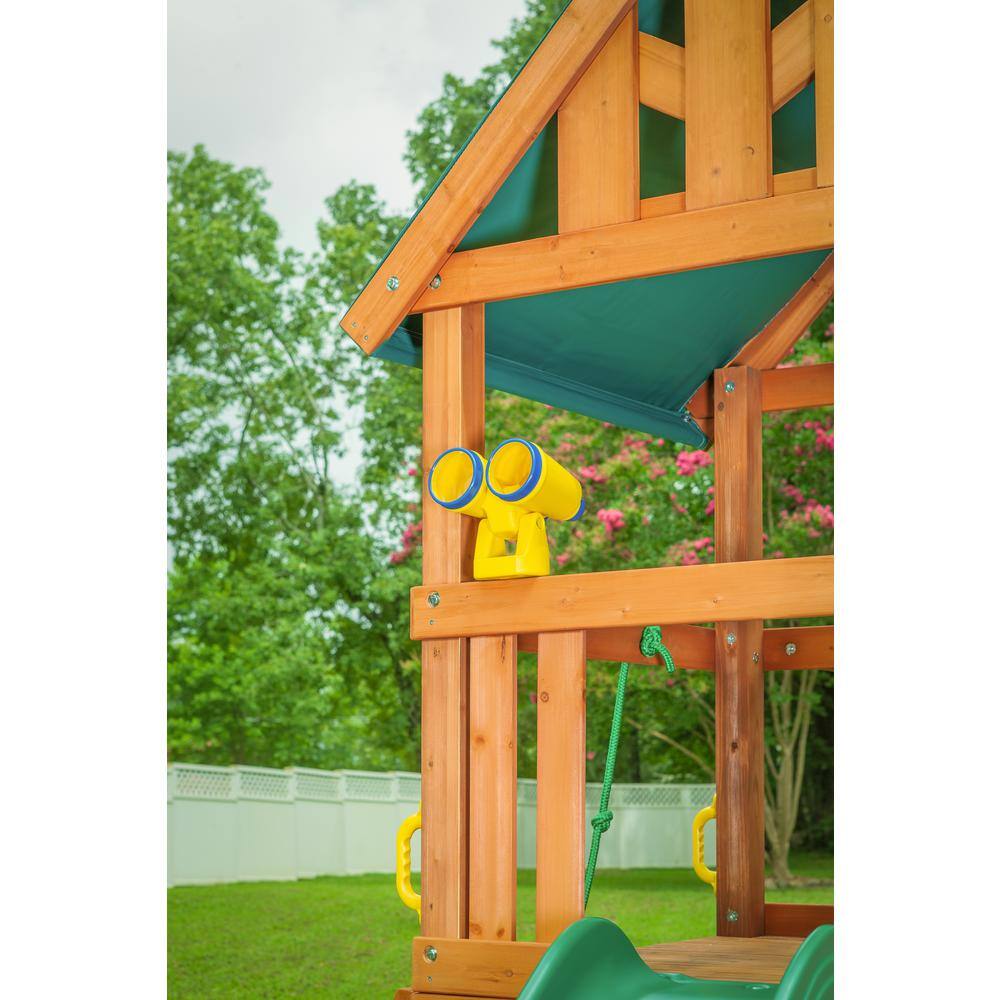 Creative Cedar Designs Mountain View Lodge Playset with Wooden Roof Monkey Bars and Multi-Color Swing Set Accessories and Green Slide 3431