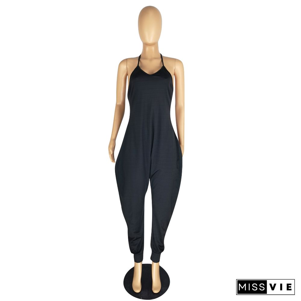 V Neck Sleeveless Solid One Piece Harem Jumpsuits