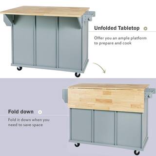 Cesicia Blue Rubberwood Drop-Leaf Countertop 53.1 in. Kitchen Island Cart with Cabinet Door Internal Storage Racks and 3-Drawer KIBE585