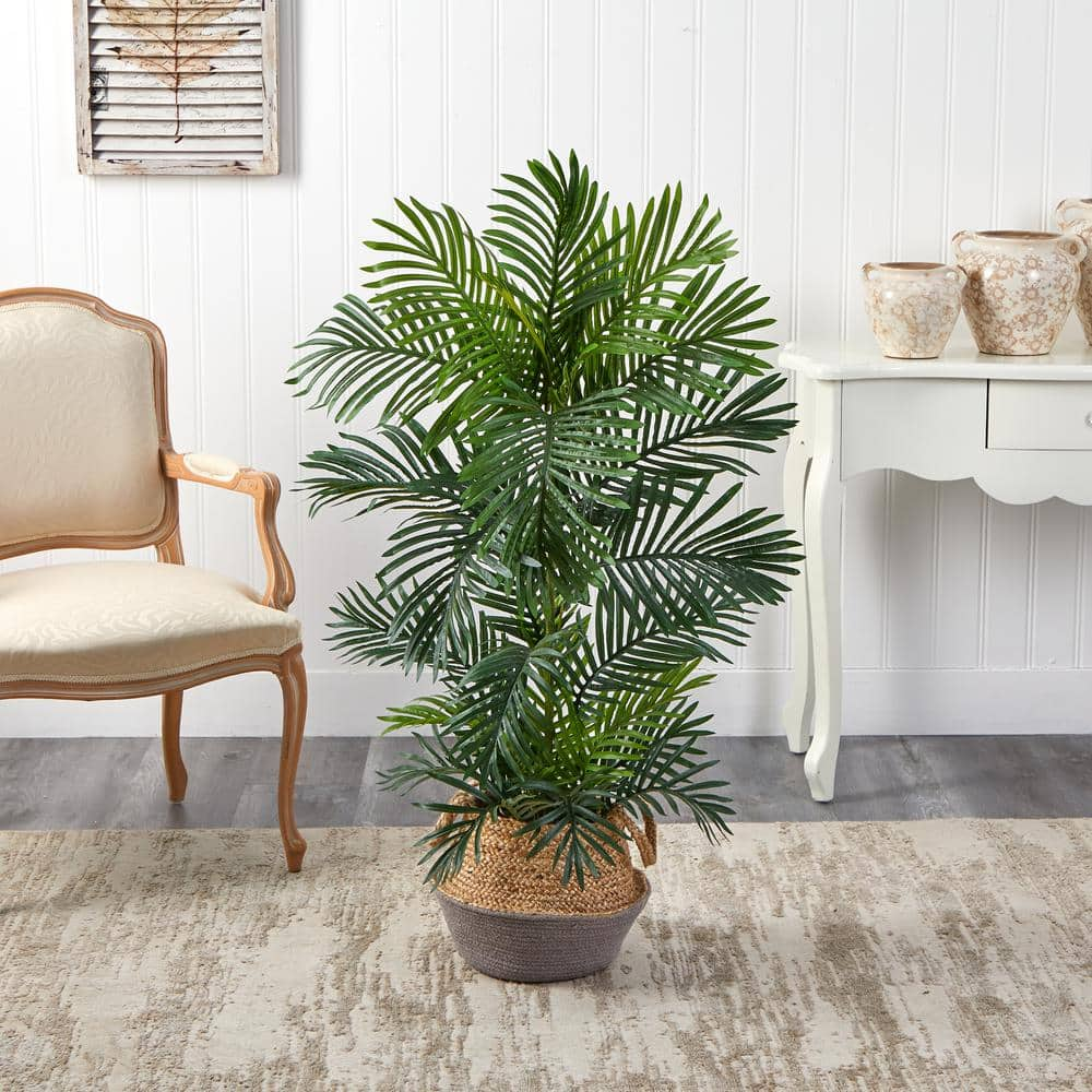 Nearly Natural 4 ft. Areca Artificial Palm Tree in Boho Chic Handmade Cotton and Jute Gray Woven Planter UV Resistant (Indoor/Outdoor) T2906