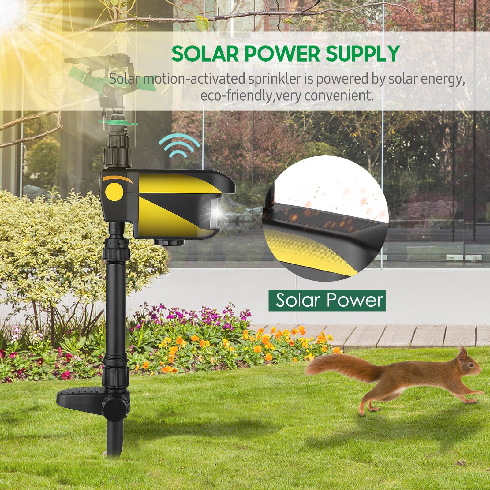 Irfora Solar Power Motion-Activated Animal Repeller Motion-Activated Sprinkler with 3 Time Modes Adjustabl