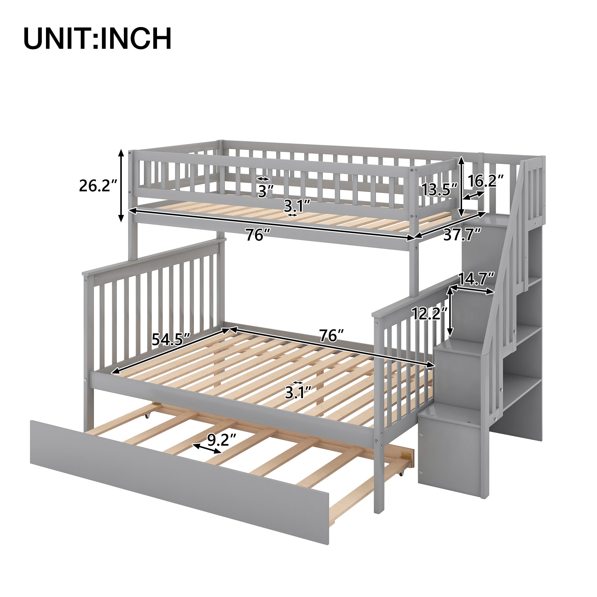 Euroco Twin Over Full Bunk Bed with Trundle and Stairs for Kids, Gray