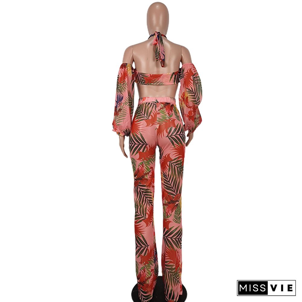 Mesh Sheer Print Halter Crop Top and Pants Set