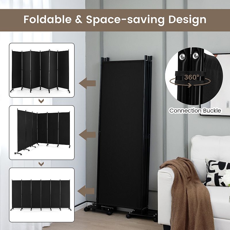 6 Panel 5.7 Feet Tall Rolling Room Divider on Wheels