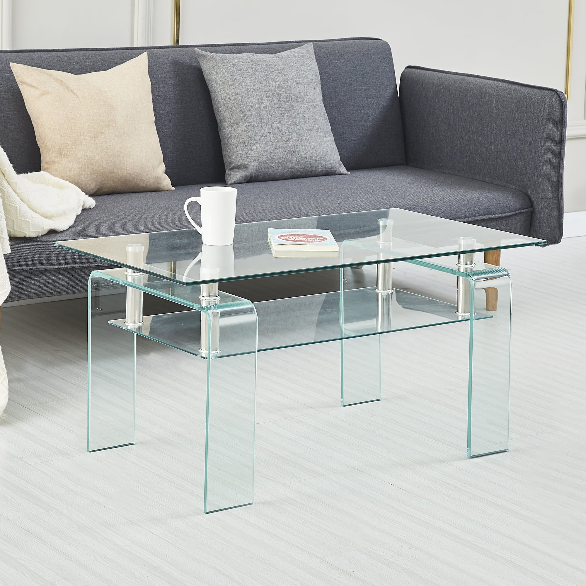 Clear Glass Coffee Table, Tempered Glass Coffee Table for Living Room