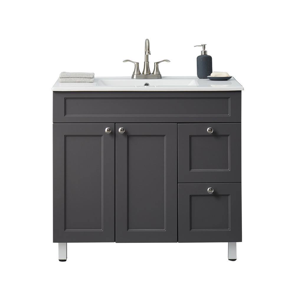 VC CUCINE 35 in. W x 18 in D. x 32 in. H Bathroom Vanity in Gray with White Ceramic Top HESEBC047-ZC90E-3