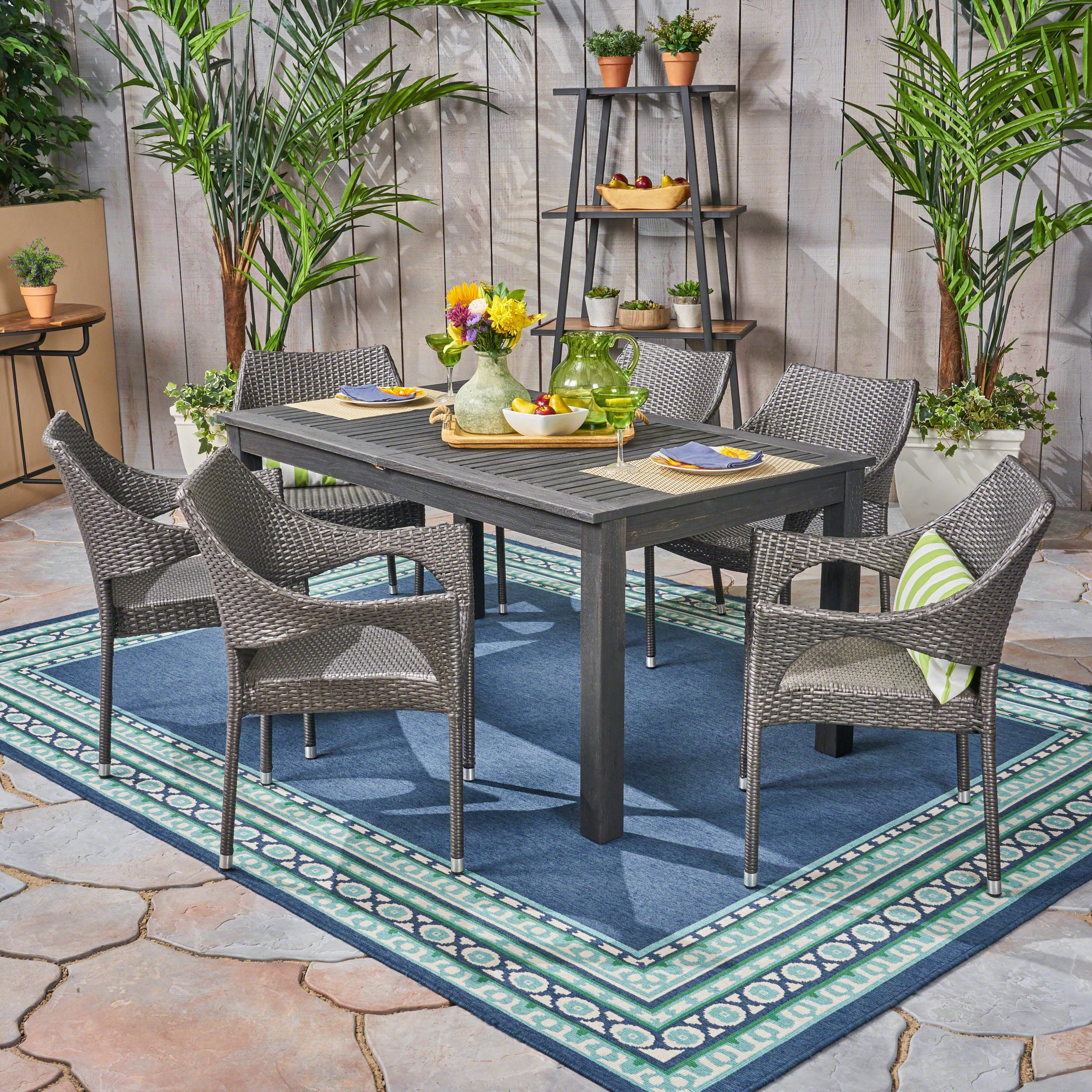 Kelly Outdoor Wood and Wicker Expandable Dining Set