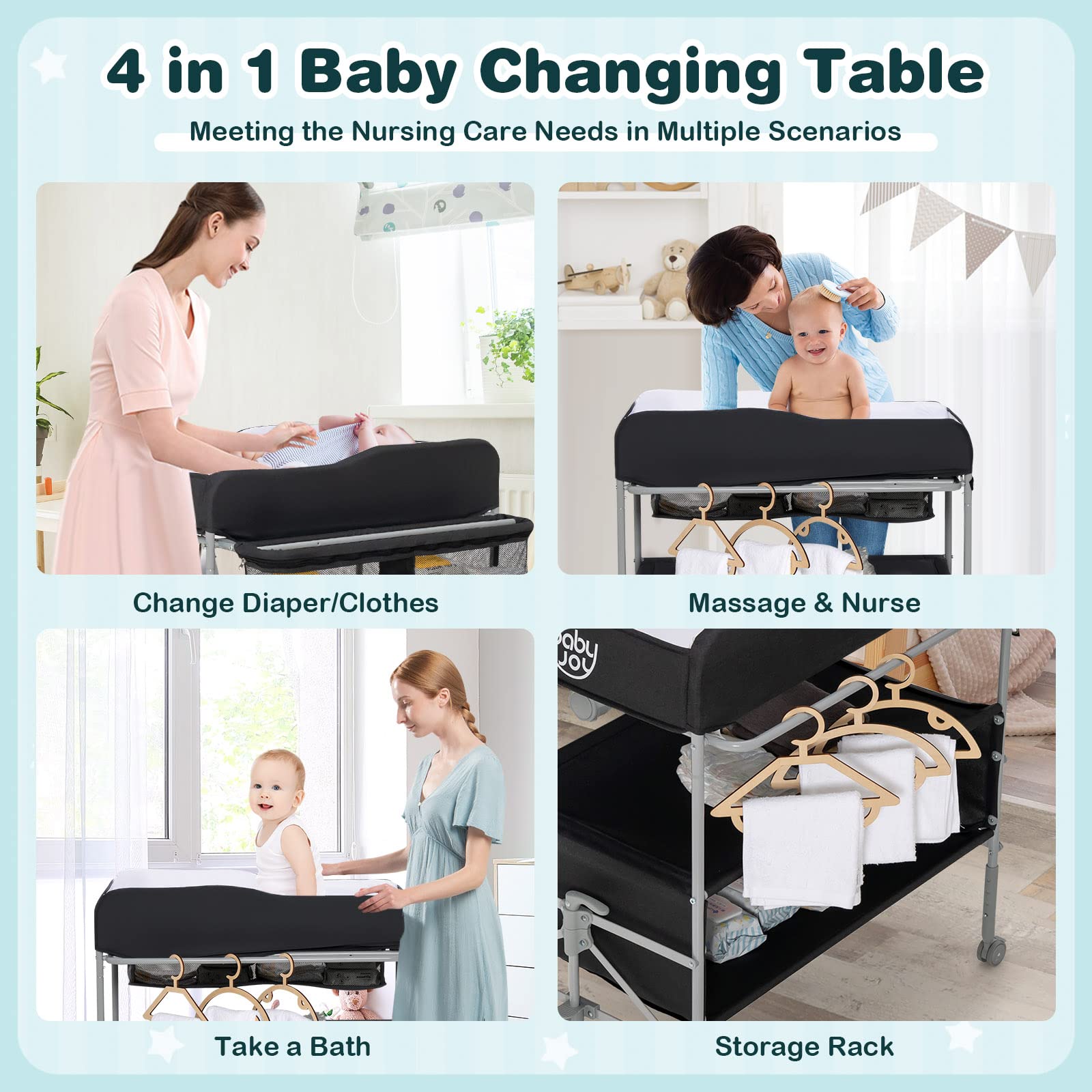 Costzon Portable Baby Changing Table, Foldable Infant Diaper Changing Station, Newborn Nursery Organizer w/ 4 Lockable Wheels