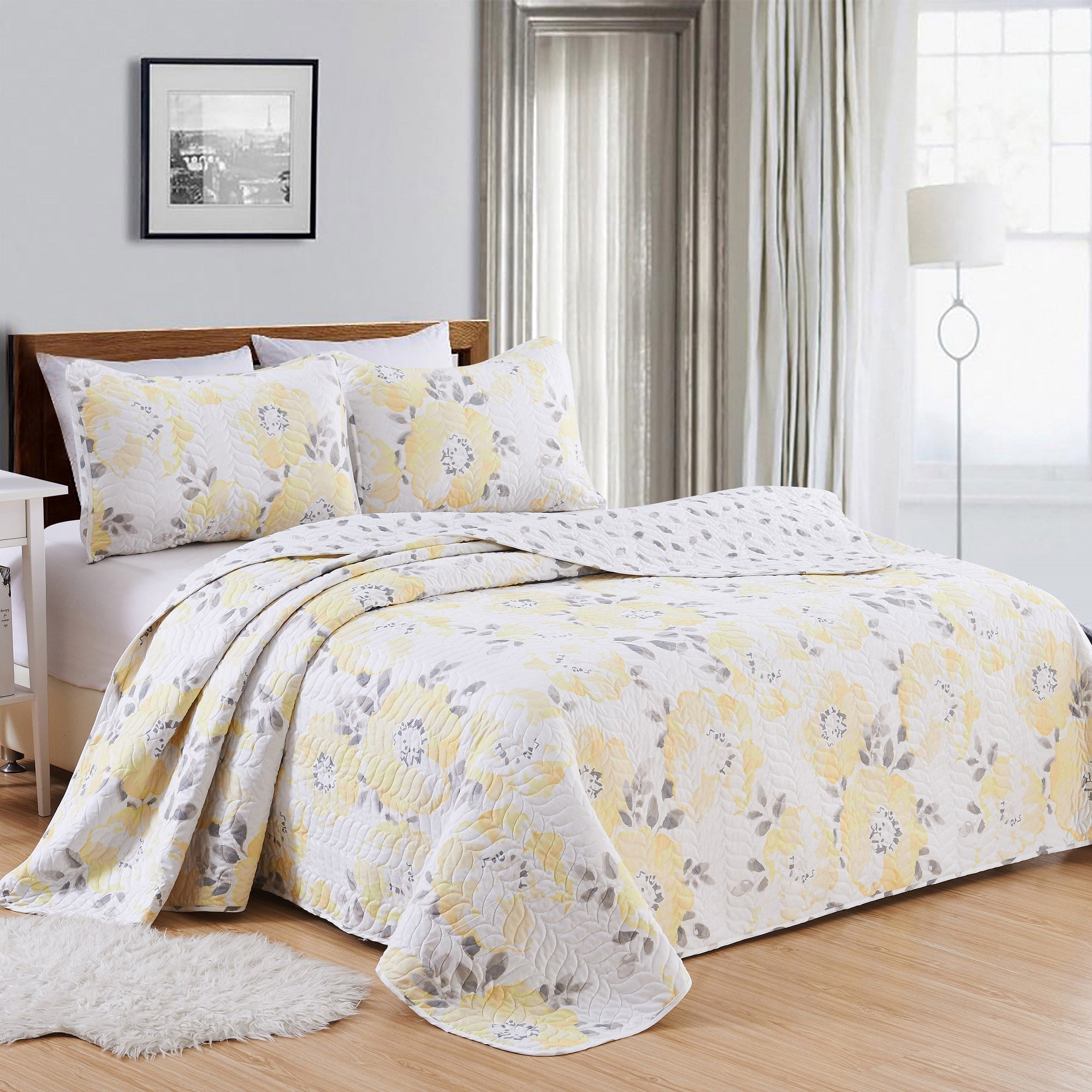 Great Bay Home All-Season Reversible Reversible Quilt Set With Shams  (Twin， Helene - Yellow)