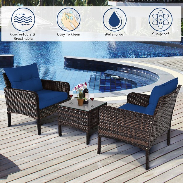 Costway 3pcs Outdoor Rattan Conversation Set Patio Garden Cushioned Sofa Chair