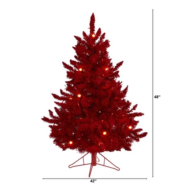 4' Red Flocked Fraser Fir Artificial Christmas Tree with 100 Red Lights，14 Globe Bulbs and 270 Bendable Branches