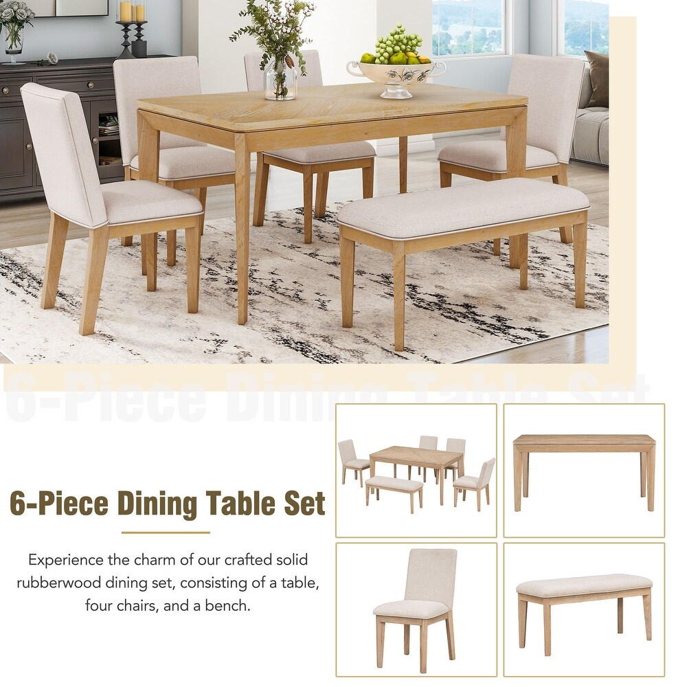 Farmhouse Style 6 Piece Solid Wood Dining Table Set w/ 60\