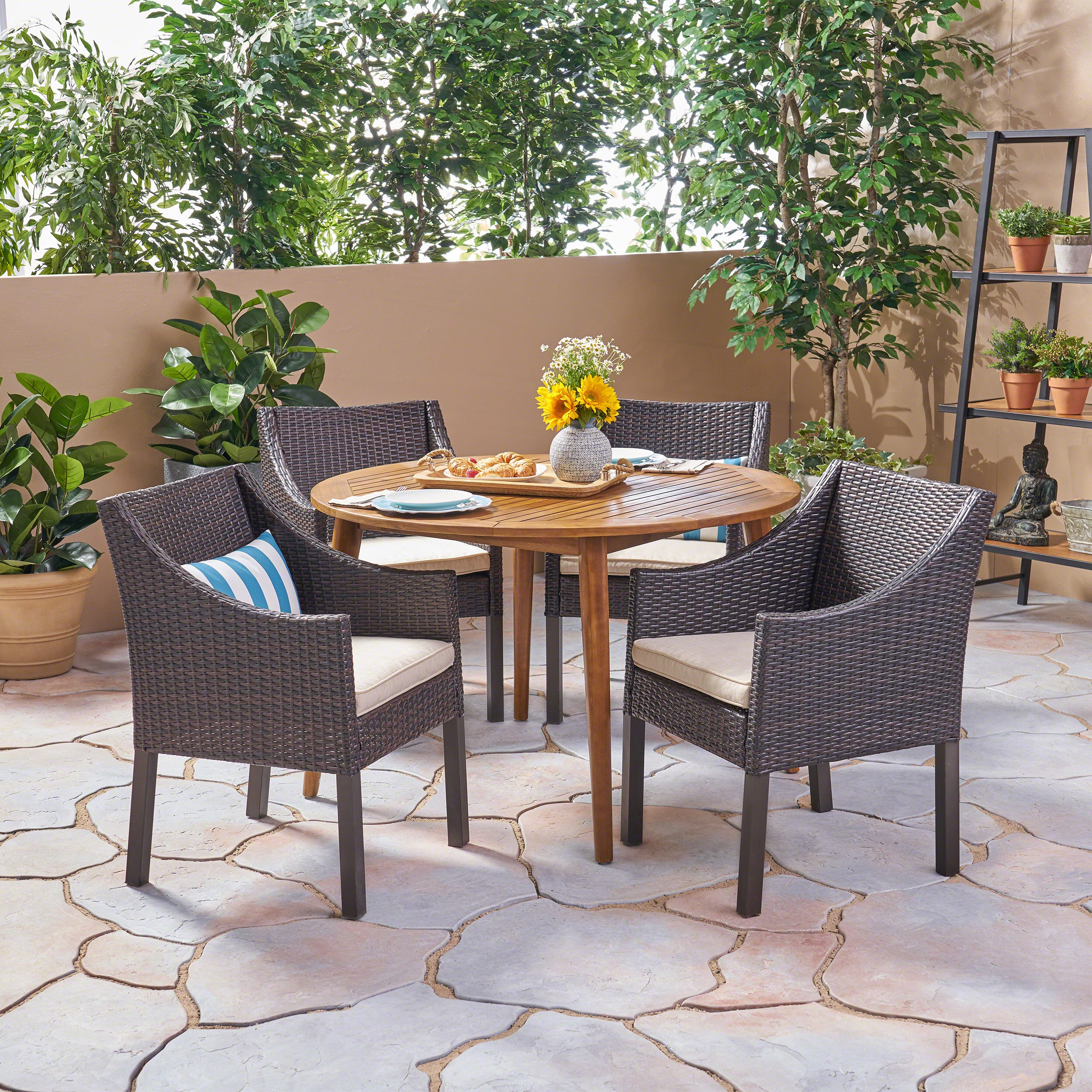 Shipp Outdoor 5 Piece Wood and Wicker Dining Set